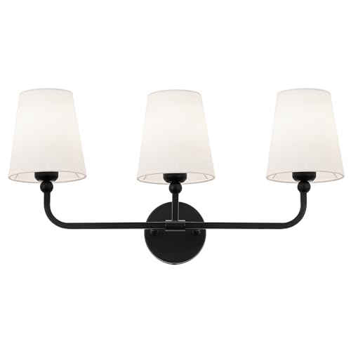 Image of Bathroom Light Fixtures, Matte Black Vanity Lights with Flared White Fabric Shade, 3 Light Wall Sconce, Modern Sconces Wall Lighting for Hallway Bedroom, VL837-MB-3