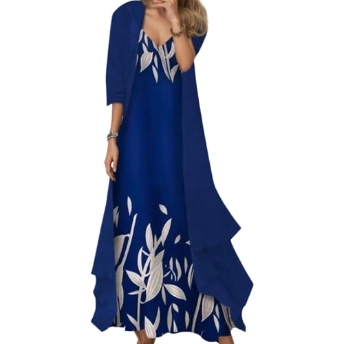 Women’s 2 Piece Set Boho Floral Print Sleeveless Maxi Dress with Flowy Chiffon Cardigan Dressy Casual Loose Dresses