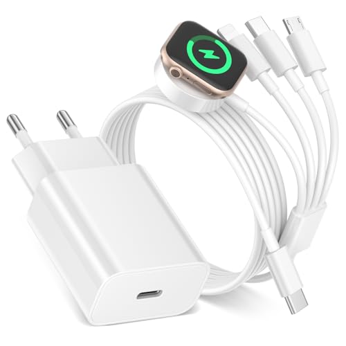 Cable Multi cargador USB 4 en 1 para Apple Watch y iPhone 1M, cable USB C/micro/Lightning/iWatch carga con cargador rápido de 20 W para iPhone 16/15/14/13/12/6/Airpods, Apple Watch 9/8/7/6/5/3/SE