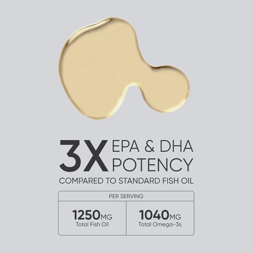 Sports Research Triple Strength Omega 3 Fish Oil - Burpless Fish Oil Supplement w/EPA & DHA Fatty Acids from Single-Source Wild Alaskan Pollock - 1250 mg, 90 ct