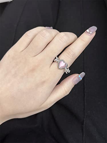 Dtja Pink Heart Twisted Band Ring for Women Silver Plated Cat Eye Love Promise Statement Open Wrap Finger Ring Comfort Fit Fashion Wedding Birthday Mother's Day Jewelry Gift2