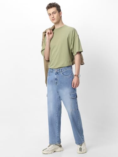 Image of Neostreak Men's Loose Baggy Fit Washed Cargo Jeans with 6 Pockets Non-Stretchable