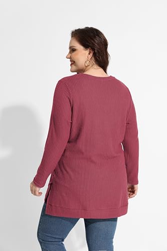 Image of RITERA Plus Size Women Sweaters Waffle Knit Pullover Top Long Sleeve Casual Crewneck Shirt Loose Split Hem Fall Winter Blouse