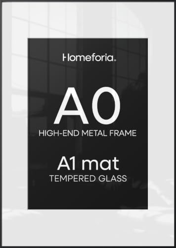 Image of Homeforia A0 Black Poster Frame, High-End Metal, A1 Mat, Glass | High End Aluminum, Tempered Glass, Acid-Free A1 Removable Mat, A0 Edge-to-Edge Display, Wall Kit, Set Of 1