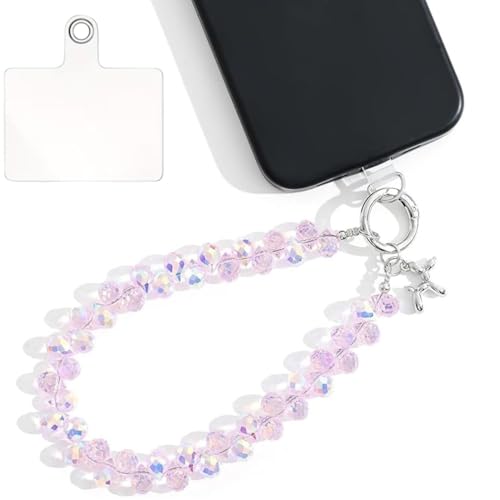 Image of Phone Charm with Beaded Chain | Acrylic Phone Strap for Mobile Keys & Bags | Decorative Wrist Strap | Lanyard Charms | Keychain Accessory for Women Girls (Crystal-Pink)