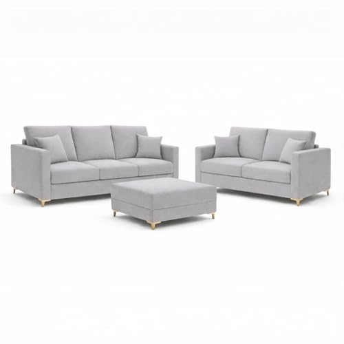 Image of Hayes Rich Velvet Suede 3 Seater + 2 Seater Sofa Set with Ottoman | Golden Aesthetic Legs | 6 Person Seating Capacity | Spacious Soft Touch Comfort | Modern Living Room Sofa (Light Gray)