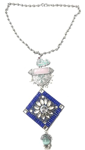 Image of Vintage Style Statement Necklace, Blue crystal Pendant,matar Mala Chain, Turquoise Floral Charm