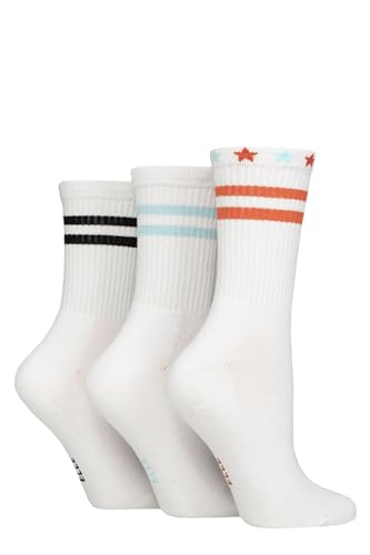 ELLE Women's Bamboo Sports Socks - Plain and Striped, Crew Socks, Half Cushion 3 Pair Multipack Sizes 4-8 White Stripe