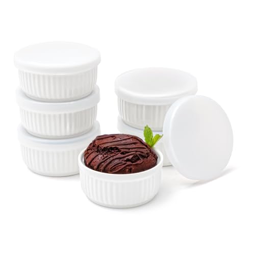 Nuwave 6pc Ceramic Ramekins w/Lid 8oz, Classic Elegant Style Ramekins, Bake Souffles, Creme