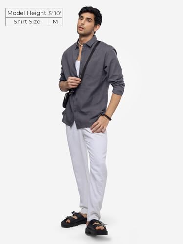 Image of The Souled Store Solid Linen: Beige Color Men and Boys Regular Outdoor Fit Full Sleeve Collared Neck Spread Collar Casual Wear Stylish Comfortable Premium Elegant Cotton Shirts