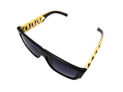 High Fashion Metal Chain Arm Flat Top Aviator Sunglasses (Shiny Black Gold)3