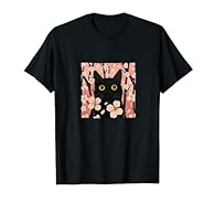 Cool Cute Black Cat With Cherry Blossoms Around Pink Graphic Art Drawing for Cats Fans and Pet Lover. Great Idea for Mom, Dad, Son, Daughter, Brother, Sister, Kids, Uncle, Aunt, Grandpa or Grandmom. Lightweight, Classic fit, Double-needle sleeve and ...