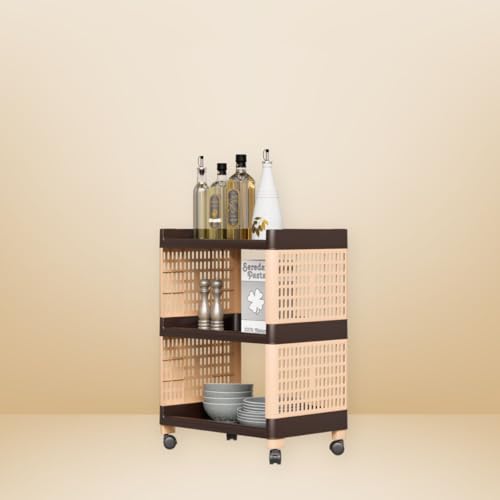 Morbrix Plastic Multipurpose Kitchen Trolley Rack with Wheels, Storage Organizer Shelf for Kitchen, Bathroom, Office, Salon & Hospital Organizer for, Movable Rack with Shelves (3 Layer, Brown & Ivory)