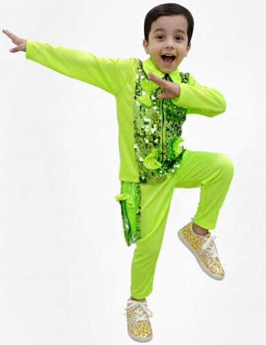 Image of BookMyCostume Light Green Annual Day Dance Dress for Boys | Full Sleeves Sequin Collared Shirt with Matching Pants | Western Dance Costume for Kids | Stylish Fancy Dress | 10-12 Years