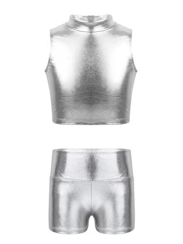 Kids Girls 2Piece Dance Athletic Tracksuit Metallic Sleeveless Mock Neck Crop Top Vest and Shiny Boy Shorts Set