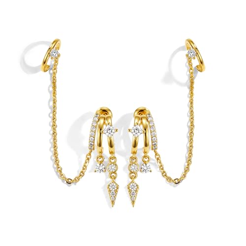 Hefanny Triple Huggie Stacked Earrings for Women Gold Chain Drop Dangle Earrings Cute Statement CZ Earrings Trendy Dainty Jewelry Gift (Gold Chain Earrings)