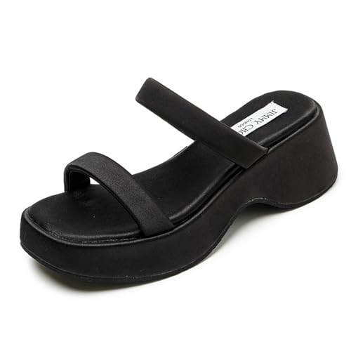Womens Double Strap Slip On Wedge Sandals Fashion Square Open Toe Strappy Low Platform Chunky Heel For Summer Daily Casual Vacation
