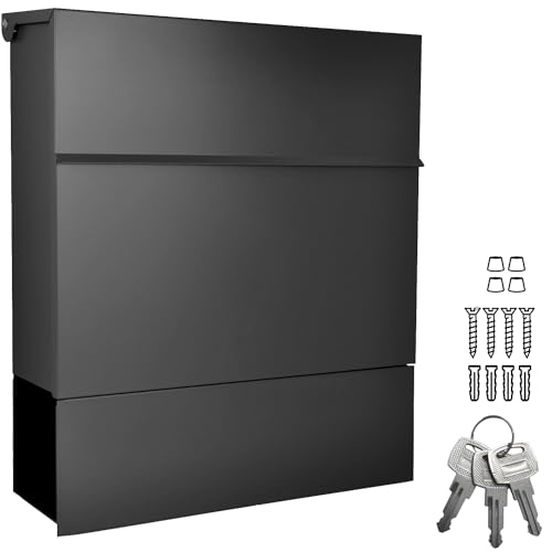 ALSTEN TECH Designer Briefkasten Wandbriefkasten Postkasten mit Zeitungsfach Schwarz Matt RAL 9017 A4/C4 geeignet