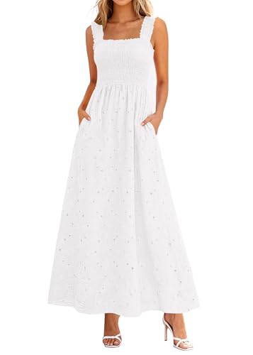 KIRUNDO Summer Lace Dress Vacation Outfits for Women 2026 Wedding Guest Dresses Maxi Beach Boho Sleeveless Cotton Sundress (White, Medium)