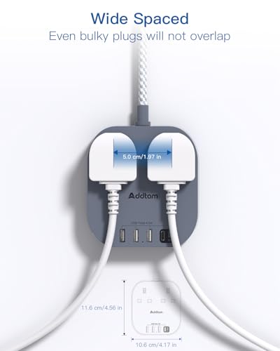 Extension Lead, Power Strips with 2 Way Outlets 4 (4.5A, 1 Type C and 3 USB-A Port) Surge Protection Plug Extension Socket with 1.6 Meter Braided cord for Home Office (Gray) - Image 5