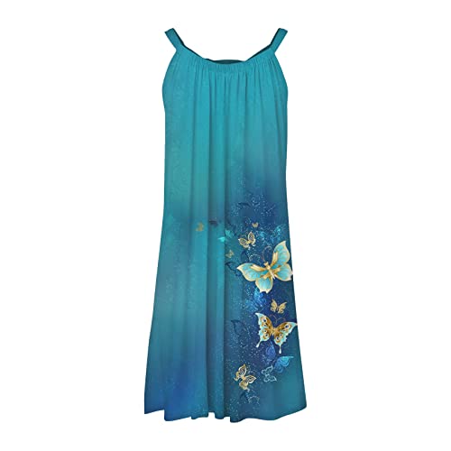 Wcjlha Women Summer Dresses 2023 Cute Summer Dresses Hawaiian Sundress Women Seaside Sleeless Knee Stretch Sundress Crew Neck Cotton Loose Gradient Color Dresses Women Blue #TOP3