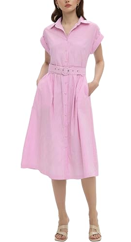 Womens Midi Shirt Dress Striped Casual Cap Sleeve Button Down Lapel V Neck A Line Belted Long Dresses Pink