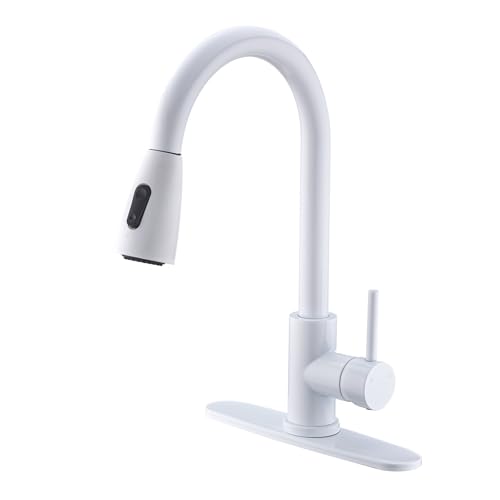 KMEINO Kitchen Faucet with Pull Out Sprayer White Single Handle Kitchen Faucets Stainless Steel 360 Swivel Spout High Arc Pull Out Kitchen Sink Faucet with Deck Plate