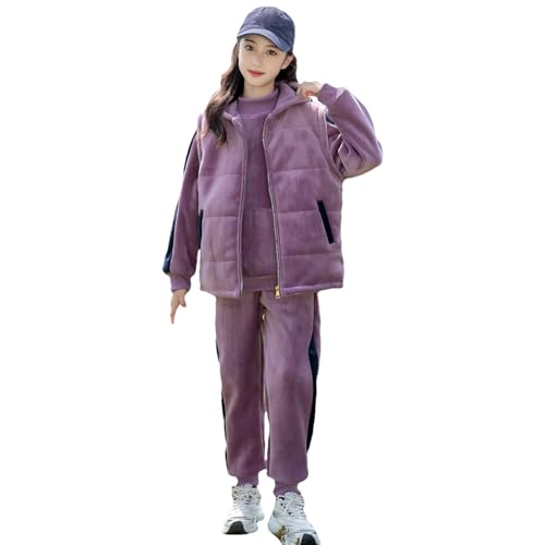 amropi Niña Chándal de Sudadera y Chaleco con Capucha y Pantalones Jogging 3 Piezas Conjunto de Invierno Morado,10-11 años