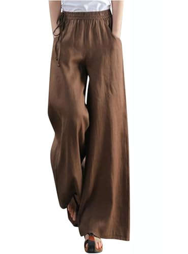 Image of KOTTY Women's Crumble Fabric High Waist Solid Color Drawstring Wide Leg Trousers Loose with Pockets