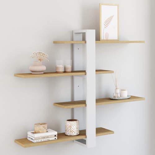 IDMarket - Estantería de pared con estantes deslizantes AHORA de 4 niveles en haya y acabado blanco