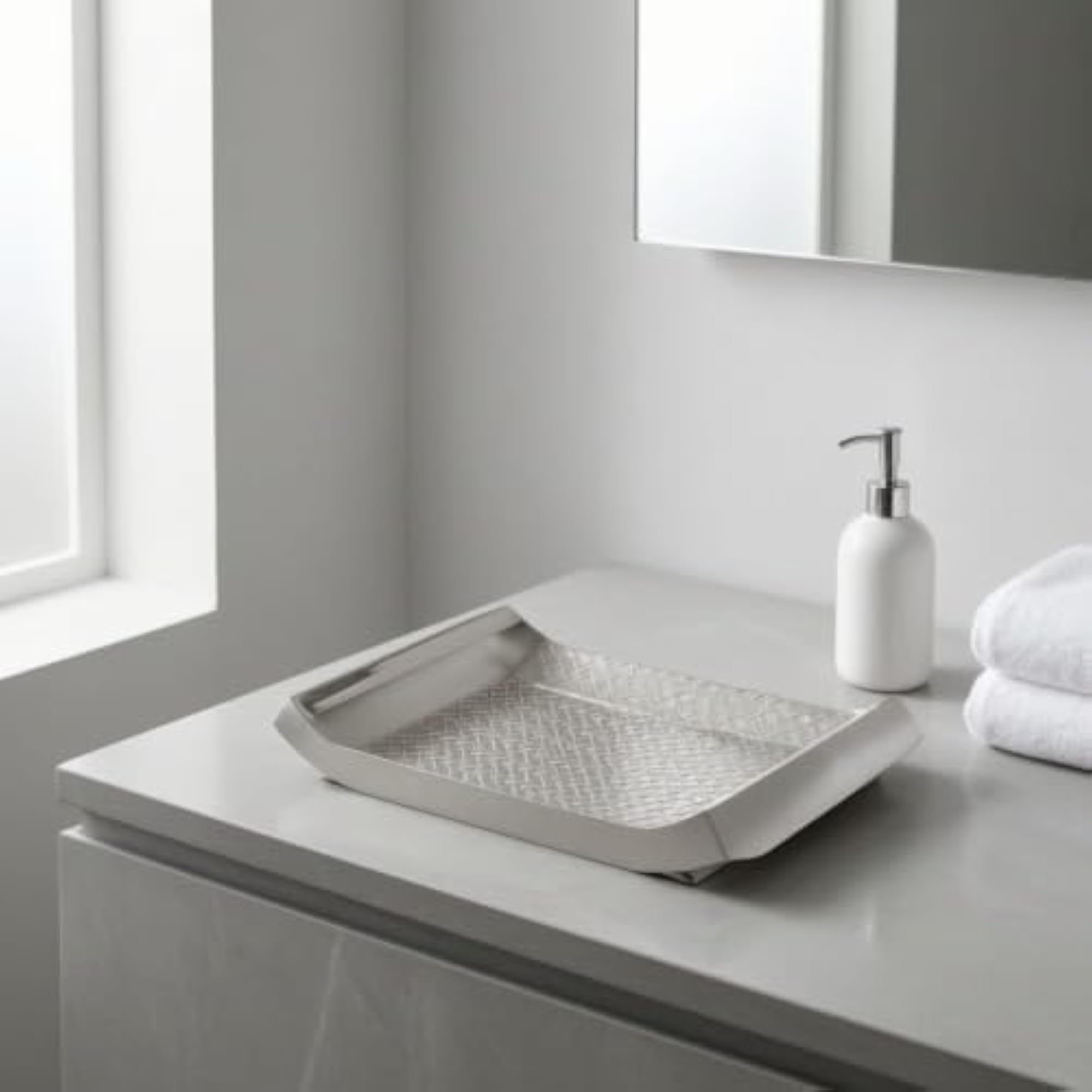 Decorative Rectangular Stainless Steel Tray, Woven Texture Silver