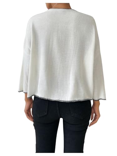 SweatyRocks Women's Contrast Binding V Neck Long Sleeve Knitwear Loose Fit Pullover Sweaters2