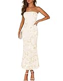 MEROKEETY Women's Floral Strapless Maxi Dress 2026 Summer Mesh Tube Bodycon Formal Wedding Guest Cocktail Party Long Dresses, Apricot, Medium