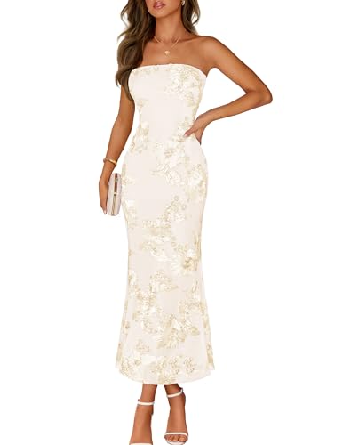 MEROKEETY Women's Floral Strapless Maxi Dress 2026 Summer Mesh Tube Bodycon Formal Wedding Guest Cocktail Party Long Dresses, Apricot, Medium
