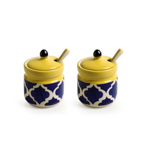 Image of ExclusiveLane 'Moroccan' Ceramic Pickle Jars For Dining Table Ceramic Container With Spoons & Iron Tray (Non Air-Tight, Set Of 2, 280 ml) Jars For Kitchen Storage Pickle Jar For Storage,Multicolor