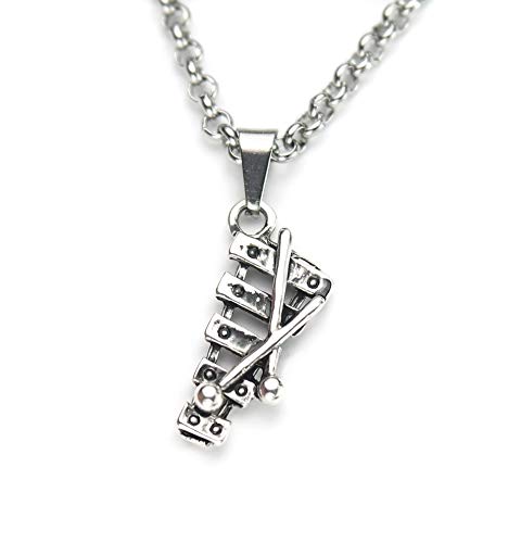 Xylophone Necklace, 20" (50.8Cm) Rolo Chain With 3D Marimba & Mallets Charm, New Percussionist Pendant Jewelry Antique Silver Finish Pewter Charm, On Pure 304 Stainless Steel Chain #TOP13