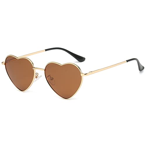 RUNHUIS Polarisiert Herzform Sonnenbrille Damen Herren Hippie Brille Vintage Liebe Sonnenbrille für Festival Party Gold Metallrahmen mit UV400 (Gold/Braun)