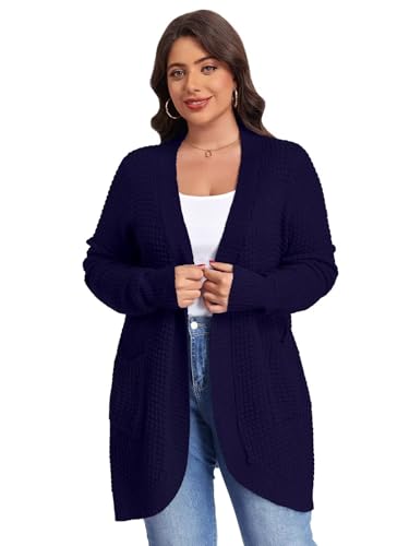 Image of LARACE Long Cardigans for Women Plus Size Tops Open Front Sweaters with Pockets Waffle Ribbed Sleeve Loose Fall Outwear