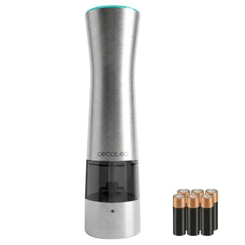 Cecotec Molinillo de Especias Eléctrico InstantMill Press. Cuerpo de Acero Inox, Amoladora Cerámica con Función Press, Molienda ajustable, Ventanas de acrílico, Luz LED Incorporada