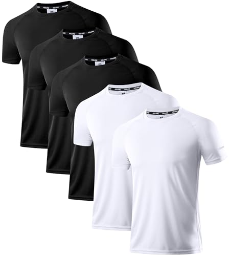 Herren Sport T-Shirts schnell trocknend, 5 Pack atmungsaktive Funktionsshirts für Fitness & Training, mit Stretch und Feuchtigkeitstransport 3 Schwarz 2 Weiß 5P06-L