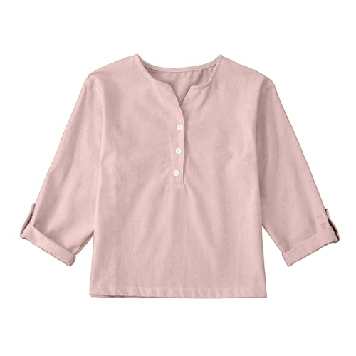 Girls Long Sleeve Henley Shirt Teen Button Down Cotton Linen Blouse Plain V Neck Shirts Loose Casual School Tops