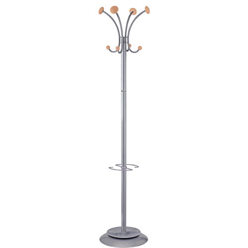 Alba - Porte Manteau sur Pied - Métal et Bois - Porte Parapluies - 4 Doubles Patères - Base Stable Lestée - Montage Facile - Gris - Idéal Bureau et Entrée...