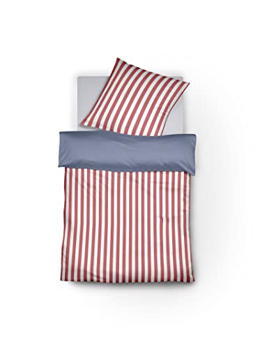 fleuresse Juego de Cama Reversible, 100% algodón, diseño de Rayas y Lisos, con Cremallera, Certificado Öko-Tex Standard 100, 135 x 200 cm y 1 Funda de Almohada de 80 x 80 cm, Color Cerezo y Azul Cover