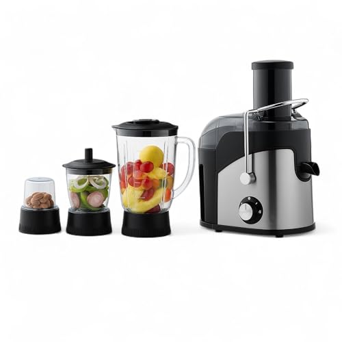Royal Swiss® Presse-agrumes 4-en-1 – Centrifugeuse 900W avec Blender, Hachoir et Moulin à Café – Récipient à Pulpe de 1,6L – Convient aux Fruits et Légumes