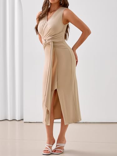 Image of YIOYOLA Womens Sleeveless Ruched V Neck Sheath Casual Party Midi Bodycon Dresses with Slit