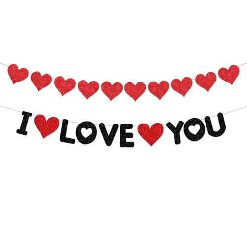 Cartel con purpurina para el día de San Valentín con texto en inglés 'I Love You', rojo y negro, letras con texto en inglés 'I Love You', letrero de corazón de rosa brillante para celebrar el día de