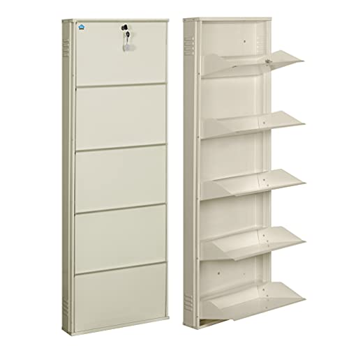 Image of DELITE KOM 20 Inch Wide, 5 Shelf Metal Shoe Rack Wall Mounted for Home with Central Lock | Holds Upto 12 Shoes or 20 Slippers Pair | 1 Year Warranty | (67 x 20 x 5 Inch, Ivory) | DIY | Space Saving