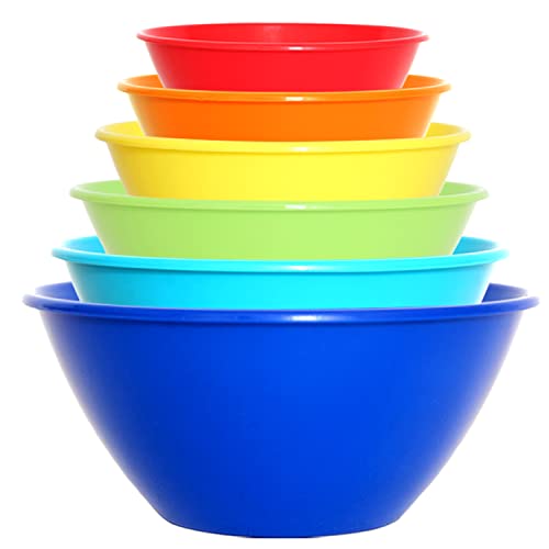 Youngever 6 Pack Re-usable Plastic Mixing and Serving Bowls, Large Plastic Nesting Bowls Set, Popcorn Bowls, Salad Bowls, Chip and Dip Serving Bowls - 3.5L 2.4L 1.5L 1L 650ML 350ML (Rainbow)