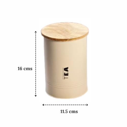 Image of JISCOVERY Airtight Tea, Coffee & Sugar Container Set of 3| Metal Storage Canister with Wooden Lid for Kitchen| Storage Box for Kitchen Counter Top| 1300 ML| Beige