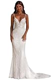 Toreque Lace Applique Wedding Dresses for Bride Mermaid V Neck Long Boho Spaghetti Straps Ivory Tulle Bridal Gowns with Train 2026 US4